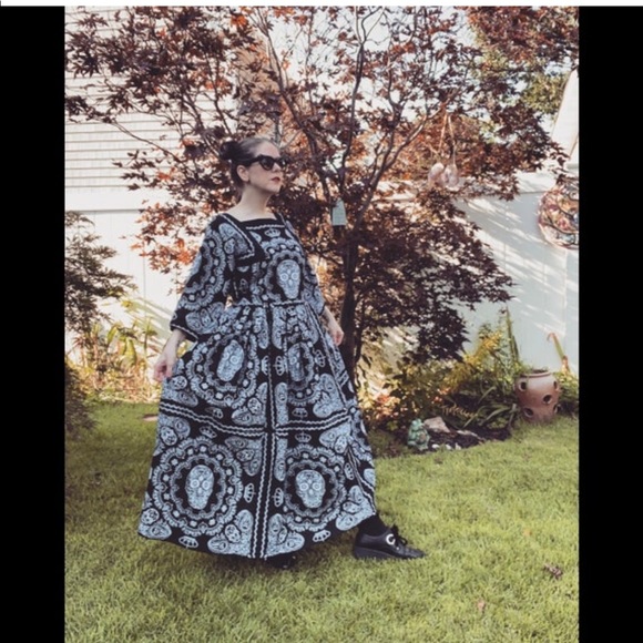 💀LAST ONE 💀 Handmade Black & White Skull Skeleton Print Bandana Maxi Dress - Picture 7 of 14